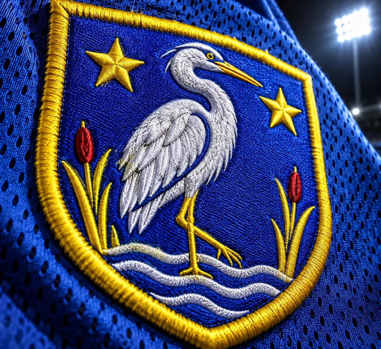 Écusson brodé en macro : héron blanc sur blason bleu roi, deux étoiles jaunes, bordure surjetée jaune.
